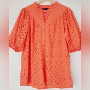Pretty Garden Orange Eyelet Puff Sleeves Ruffled Cottagecore Size XXL Blouse Top